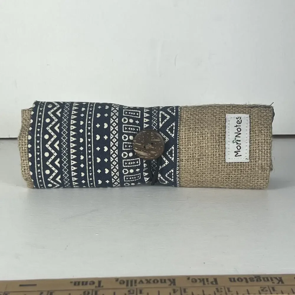 Mori Notes Pencil Holder Navy Blue Ethnic Printed Canvas Jute Zipper Compartmets